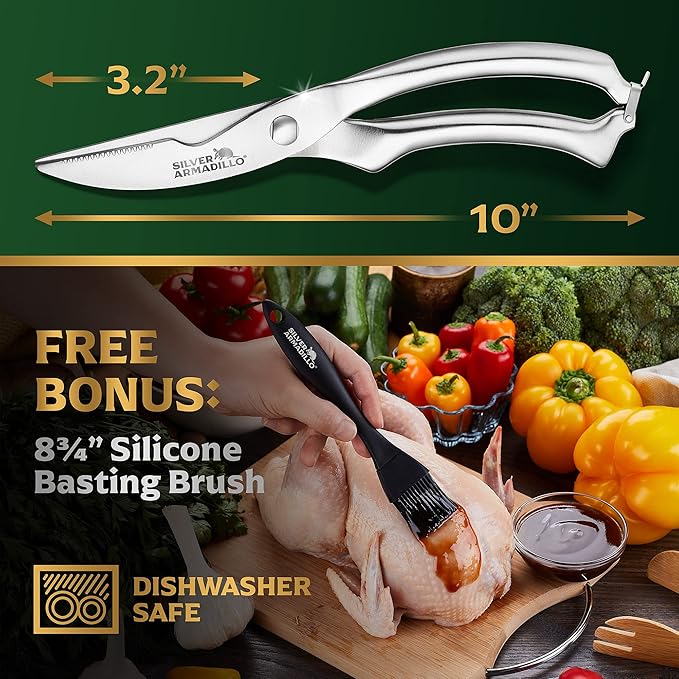 Heavy Duty Stainless Steel Poultry Shears For Bone, Chicken, Meat, Fish, Seafood, Vegetables. Premium Spring Loaded Food Scissors. All metal Kitchen Shears.