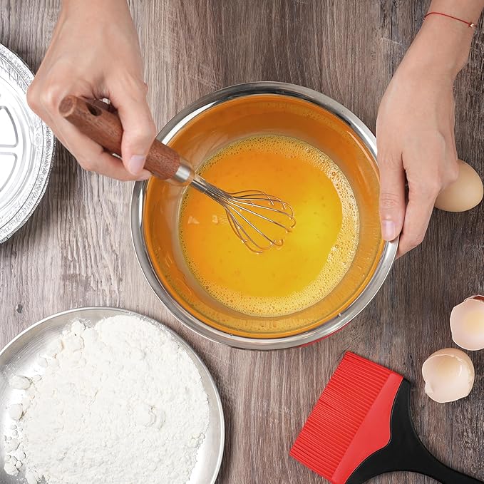 Stainless Steel Wire Whisk, Wooden Handle Kitchen Multi Function Non Stick Balloon Whisk Egg Beater for Blending Whisking, Beating, Frothing & Stirring Batters (10"L x 1.8"W)