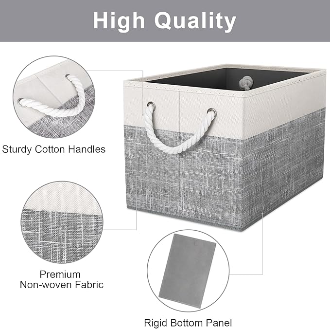Fab totes Storage Bins [2-Pack], Foldable Storage Baskets for Organizing Toys, Books, Shelves, Closet, Large Storage Box with Rope Handles, Sturdy Organizer Bins, White & Grey