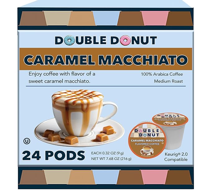 Double Donut Coffee Flavored Coffee Pods, Caramel Macchiato Coffee for Keurig K Cups Machines, Medium Roast in Recyclable Pods, 24 Count
