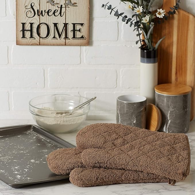 DII Basic Terry Collection 100% Cotton Quilted, Oven Mitt, Brown, 2 Piece