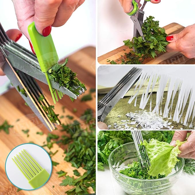 VlBlRlIT2025 Upgraded Herb Scissor,Leaf Stripper,Stainless Steel 5Blade Kitchen Scissors,Peelers for Kitchen,forChopping Chive,Vegetables,Salad,collard Greens,Parsley,Rosemary As Christmas gifts Green