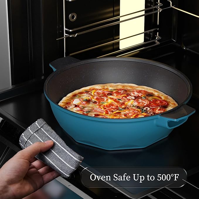 TIBORANG 8 in 1 Multipurpose 11 Inch 5 Quart Heat Indicator Nonstick Deep Frying Pan with Glass Lid,Steamed Grid,PFOA-Free,Dishwasher&Oven Safe,Works with All Stovetops (Dark Teal)