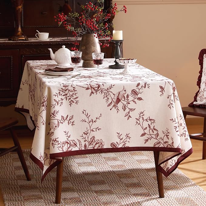 ISAENNE Designer Vintage Linen Table Cloth for Rectangle Table,Red Floral Pattern Linen Stain Resistant Tablecloth,Decor Tablecloths for Dining Thanksgiving Kitchen Party,55"*79"-Harmony