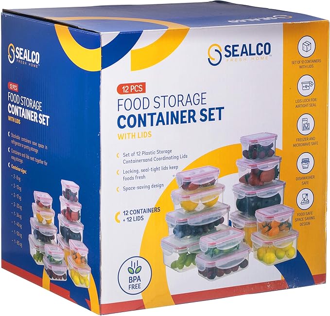 Food Storage Containers with Lids – 12 Pack Set (24 Pieces Total) -Reusable Plastic Containers – BPA-Free, Stackable, Microwave, Dishwasher, Freezer Safe – Airtight