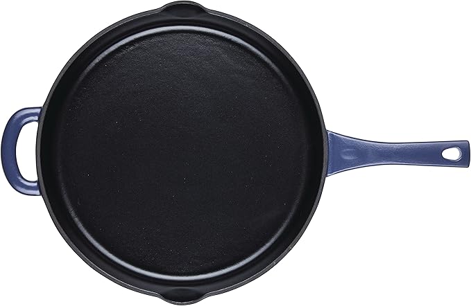 Ayesha Curry Kitchenware Enameled Cast Iron Skillet/Frying Pan with Helper Handle and Pour Spouts, 12 Inch - Anchor Blue