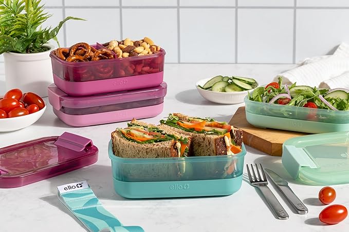 Ello 2-Pack Lunch Stack Plastic Food Storage Container Bento Box with Airtight, Leak-Proof Locking Plastic Lids and Silicone Base, BPA-Free, Freezer, Microwave, and Dishwasher Safe