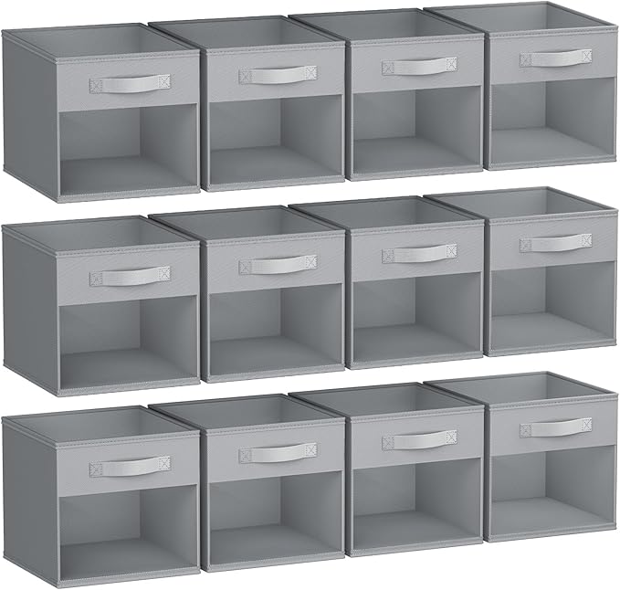 DIMJ Storage Cubes, 12 Pack Cube Storage Bin, Foldable Cube Organizer Storage Bins with Window, Closet Storage Bins with Handle, 11 x 11 inch for Clothes, Toys, Books (Grey)