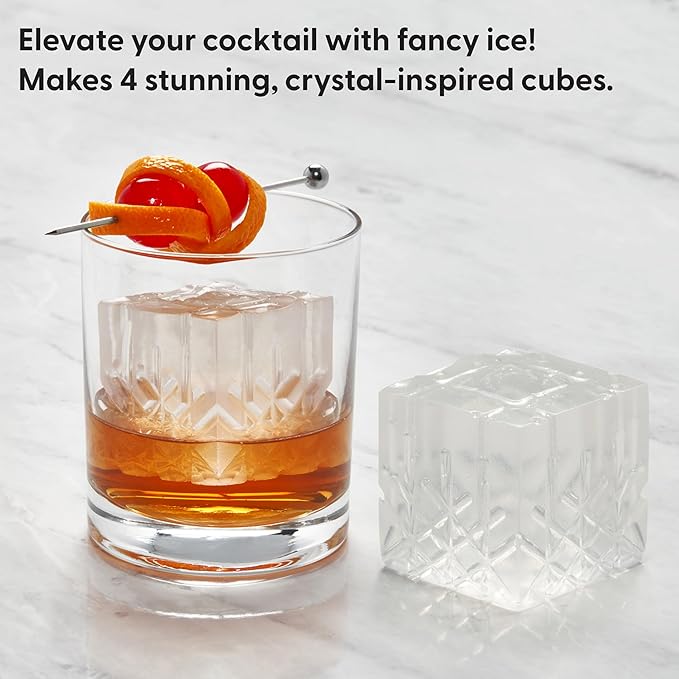 W&P Crystal Ice Tray, Perfect Etched Large Cubes, Slow Melting for Whiskey and Cocktails, Food Grade Premium Silicone, Dishwasher Safe, BPA Free Charcoal
