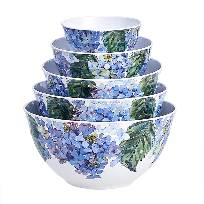 Amazon Basics Nesting Melamine Mixing Bowl With Lid And Non-Slip Base, 5 Sizes, Set Of 10, Hydrangea Floral, 3 15/16",7 9/16",8 7/8",10",11 1/4"