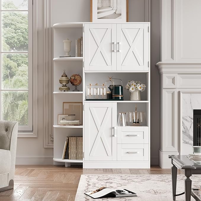 HOSTACK 60.4" Farmhouse Kitchen Pantry Storage Cabinet, Freestanding Hutch with Doors & Shelves, Buffet Sideboard with Microwave Stand, Coffee Bar with Drawers, Cupboard for Dining Room, White