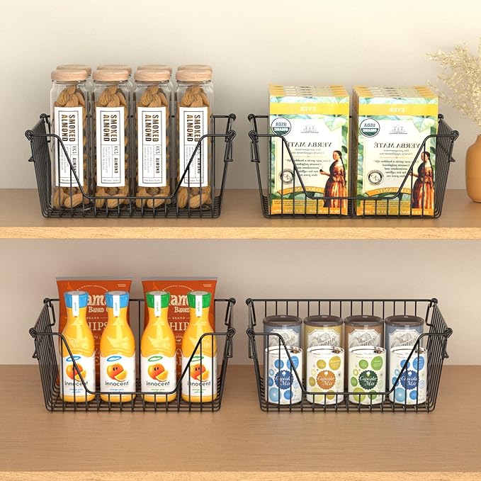 Slideep 14'' Black Stackable Storage Baskets Sturdy Metal Wire Freezer Bins Cabinet Organizer for Pantry Home Kitchen Organization- Set of 6