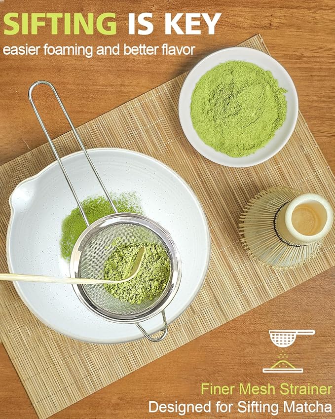 Matcha Whisk Set with Matcha Bowl, Matcha Whisk Holder Matcha Bamboo Whisk, Scoop, Sifter, Unique Gifts for Women Men Girl Friend Home Kitchen Decor（white）