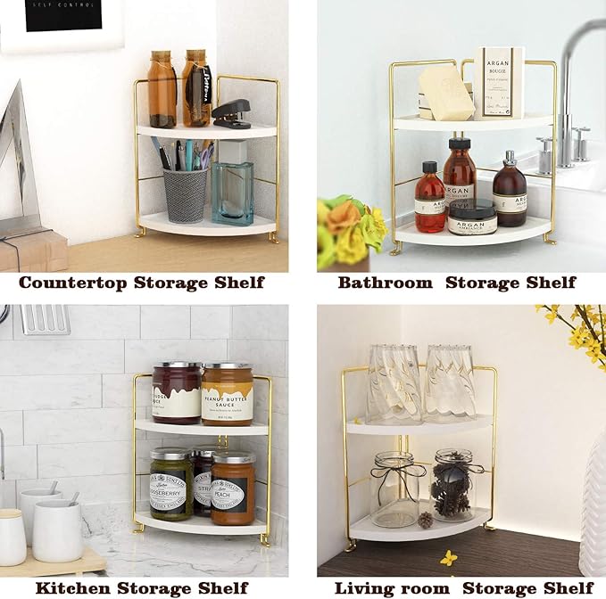 2-Tier Kitchen Spice Rack-Corner Bathroom Shelf- Triangle Standing Storage Rack for Bathroom, Living Room, Bedroom, Kitchen (Golden)