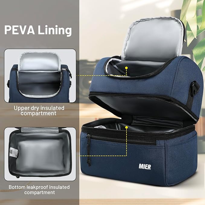 MIER Adult Lunch Box Insulated Lunch Bag Large Cooler Tote Bag for Men Women to Work Travel Daytrip, Double Deck Cooler (Navy, Large)