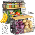 Ofiray-home Magnetic Fridge Shelf with Wood Lid, Fruit Potato Onion Storage Bins, Pantry Organizers, Large Container Spice Rack for Refrigerator, Kitchen Counter, Cabinet (2, Silver)