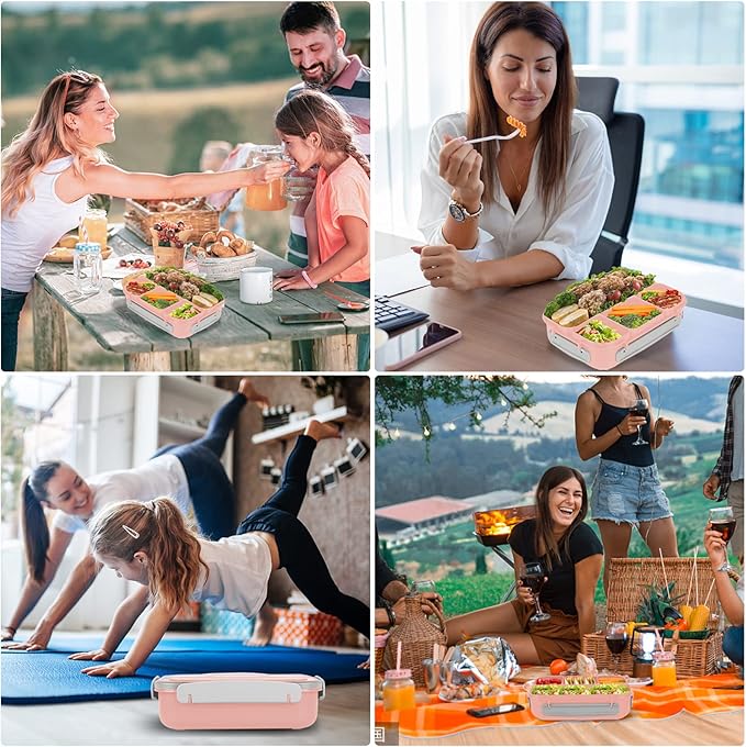 Bento Box Kids, 1300ML Adult Lunch Box with 4 Compartment & Food Picks & Cake Cups, Leak-Proof, Microwave/Dishwasher/Freezer Safe (Pink)