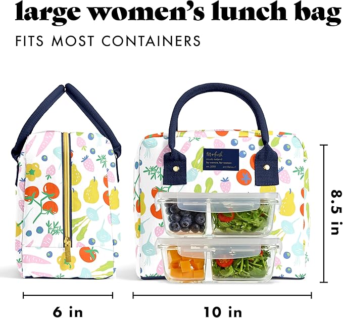 Fit & Fresh Bloomington Lunch Bag for Women - Insulated Large Lunch Box for Work with Containers, Leak-Resistant, Stain-Resistant, Zipper Closure, Fruit Print