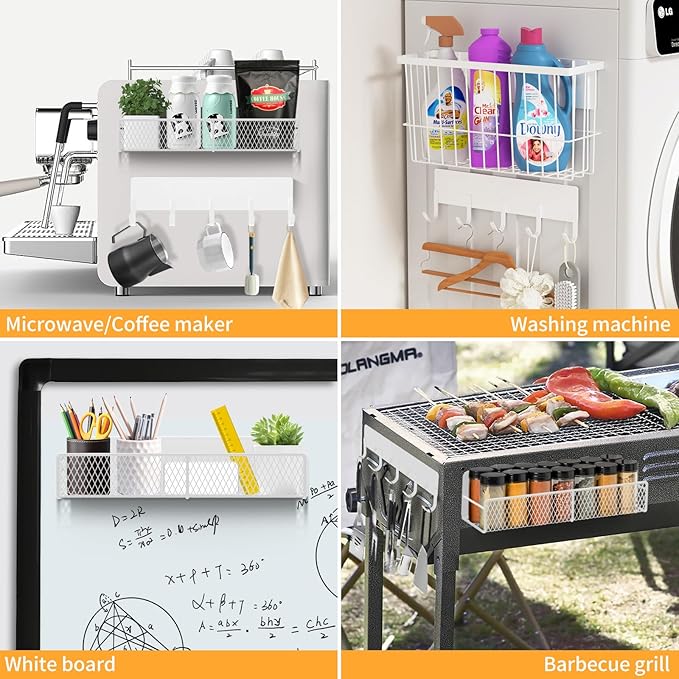 Magnetic Spice Rack for Refrigerator, 7 Pack 100% Metal Strong Magnet Shelf, Spice Organizer W/ Paper Towel Holder, Hook Rack, Utensil Caddy & Cutting Board Holder, Home Kitchen Organization (White)