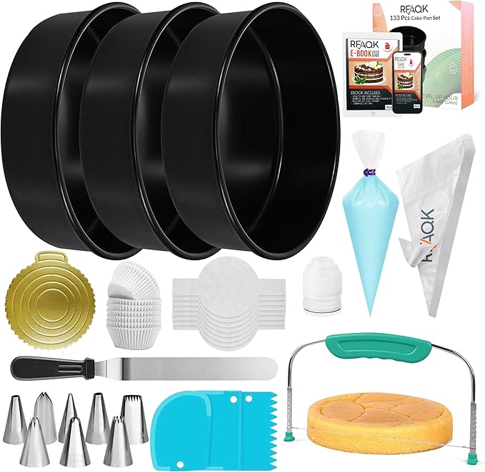 RFAQK 133PCs Round Cake Pans Sets for Baking + Cake Decorating Kit with NonStick 8 Inch Cake Pan Set of 3 -Icing Tips,Cake Leveler,Spatula, Multifunctional Cake Pan, Baking Supplies Gift & eBook