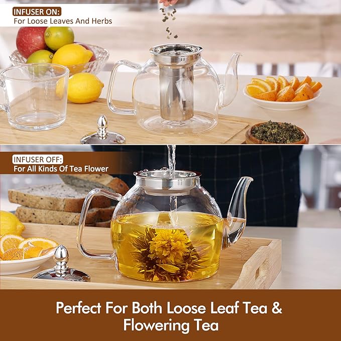 HIWARE 1000ml Glass Teapot with Removable Infuser, Stovetop Safe Tea Kettle, Blooming and Loose Leaf Tea Maker Set
