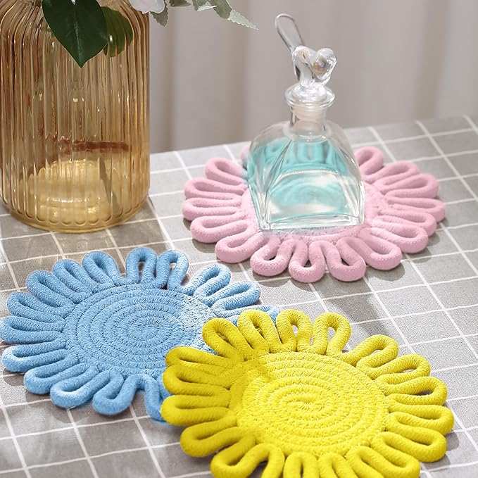 Trivets for Hot Dishes, Trivet for Pots and Pans, Heat Resistant Hot Pads, Potholders for Kitchen, Colorful Boho Trivets, Table Decorations,Kitchen Essentials for New Home 7.5"(Blue)