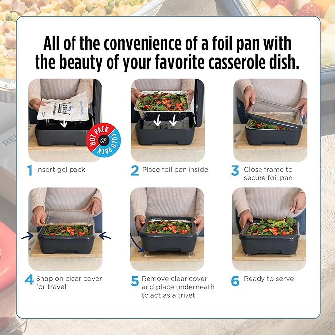 Fancy Panz - Blue Marble Premium Aluminum Foil Pan Carrier with Lid & Hot/Cold Pack - Elevated Food Serving Tray - Portable Casserole Carrier with Lid - Made in the USA Hosting Essentials