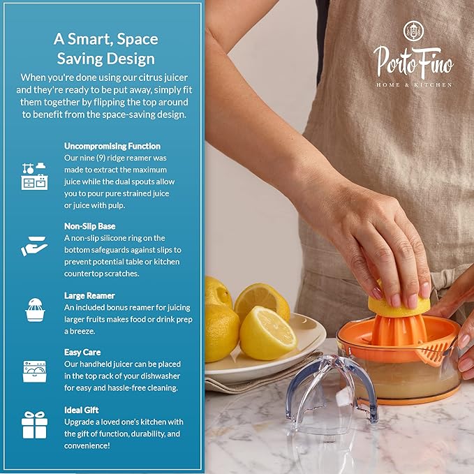 Citrus Squeezer - Orange Juicer - Manual hand Juicer - Lemon Lime Squeezer with Measuring Cup and Strainer - Space Saving and easy to use - Dishwasher Safe - Gift for Women - 8OZ (Orange)