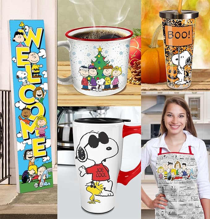 Spoontiques - Ceramic Travel Coffee Mug with Lid and Handle - Spill Proof Lid - Double Walled Mug for Hot and Cold Beverages - Microwave and Dishwasher Safe - Snoopy