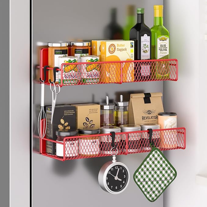 Magnetic Spice Rack for Refrigerator, 2 Pack 100% Metal Strong Magnet Shelf, Space Saving Spice Organizer W/ Hooks, Movable Magnetic Fridge Shelf, Kitchen Home Laundry Room Storage Organization, Red