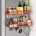 Magnetic Spice Rack for Refrigerator, 2 Pack 100% Metal Strong Magnet Shelf, Space Saving Spice Organizer W/ Hooks, Movable Magnetic Fridge Shelf, Kitchen Home Laundry Room Storage Organization, Red