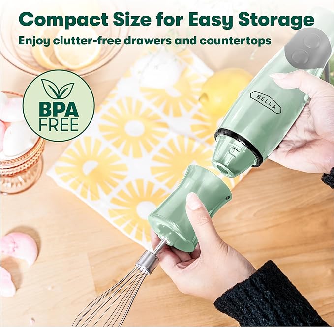 bella 2-Speed Hand Immersion Blender with Whisk Attachment, 250 Watt, Sage, Immersion Blender with Dishwasher Safe Whisk & Blending Attachments for Food Prep (17576)