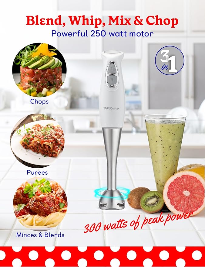 BETTY CROCKER Immersion Blender for Home & Kitchen, 2-Speed Hand Mixer Electric Handheld with Stainless Steel Blade, Beaker & Whisk, 250W Portable Blender with Ergonomic Handle, White