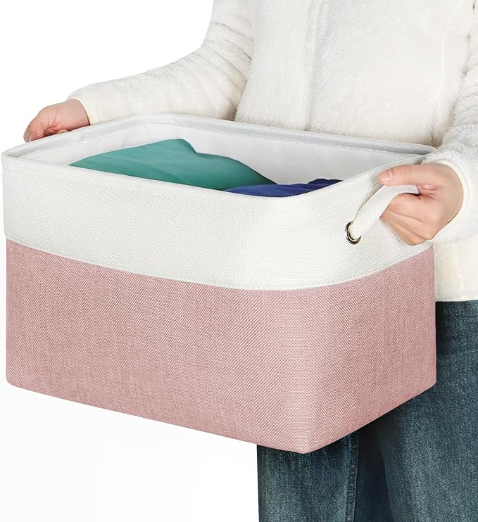 Kntiwiwo Foldable Storage Bin Collapsible Fabric Storage Basket Cube with Durable Handles Closet Organizer Bins for Organizing Shelves Drawers, Set of 3, 15" x 10" x 9.5", Pink