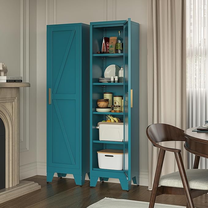 67" Tall Narrow Bathroom Metal Storage Cabinet with 4 Adjustable Shelves, Freestanding 5 Tier Slim Pantry Storage Cabinet for Small Space, Peacock