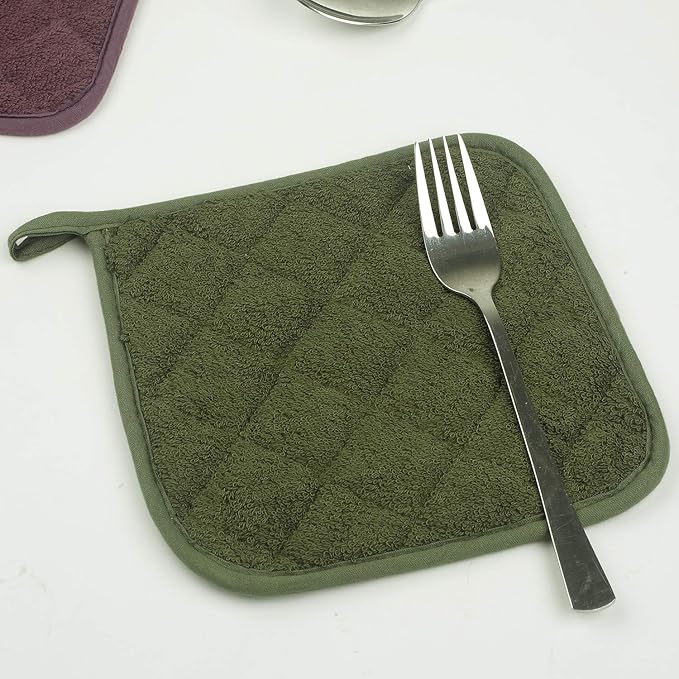 100% Cotton Kitchen Everyday Basic Terry Pot Holder Heat Resistant Coaster Potholder for Cooking and Baking Set of 5 Olive Green