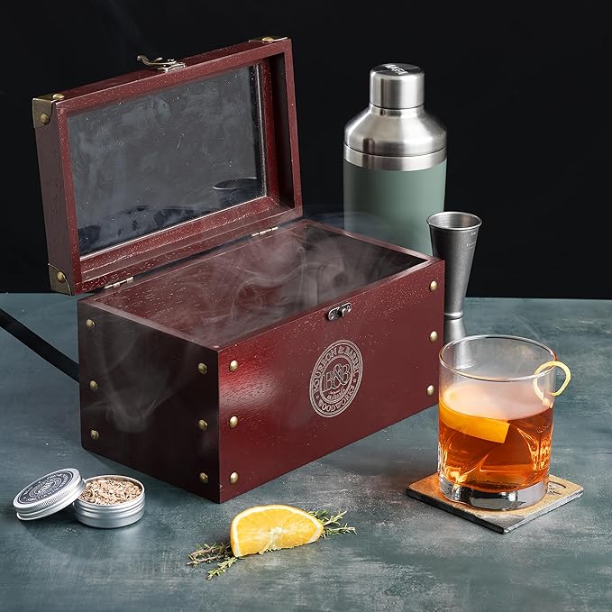 BOURBON&BARREL Cocktail Smoker Kit | Crafted with Walnut Wood | Whiskey Smoker Kit with Instant Smoker, Smoking Box, Food Tray and 4 Varieties of Wood Chips | Old Fashioned Smoker [Cherry Stain]