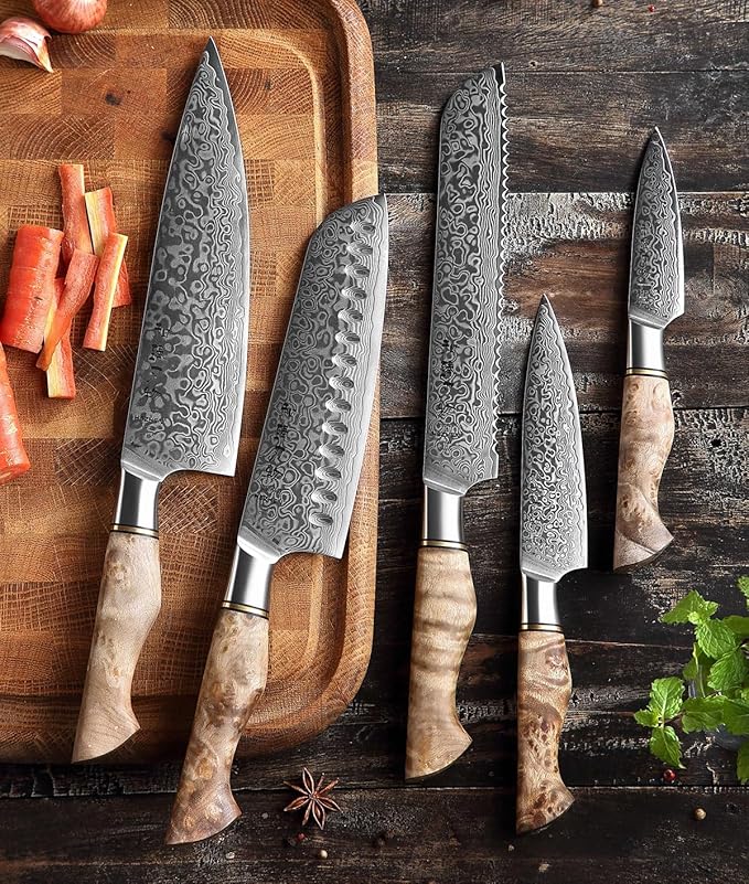 HEZHEN Damascus Kitchen Knives Set, Damascus Steel Japanese Style Chef Knife Utility Knife Santoku Knife,Figured Sycamore Wood Handle