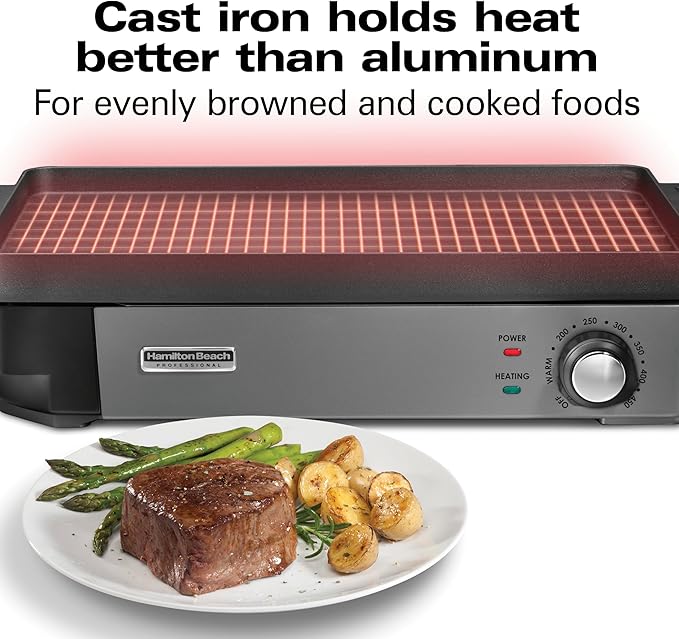 Hamilton Beach Professional Cast Iron Indoor Electric Grill & Griddle, 10" x 16" Preseasoned Cooking Surface, Adjustable Temperature up to 450° F, Black (38560)