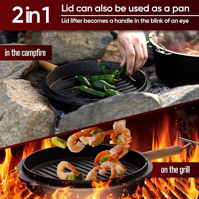 Pre-Seasoned Dutch Oven Set - 9 Quart Cast Iron Dutch Oven Pot with Lid, Fire Pot with Feet for Bread Baking & Cooking - Includes 2-in-1 Lid Lifter, Brush & Recipe Book [for 4-7 People]