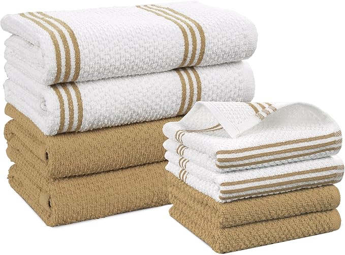 Casa Platino Kitchen Dish Cloths and Dish Towels, 8 Pc Cotton Set with Dual Designs for Drying and Surface Care, Soft and Stylish Helpers for Warm-Toned Kitchens – Beige