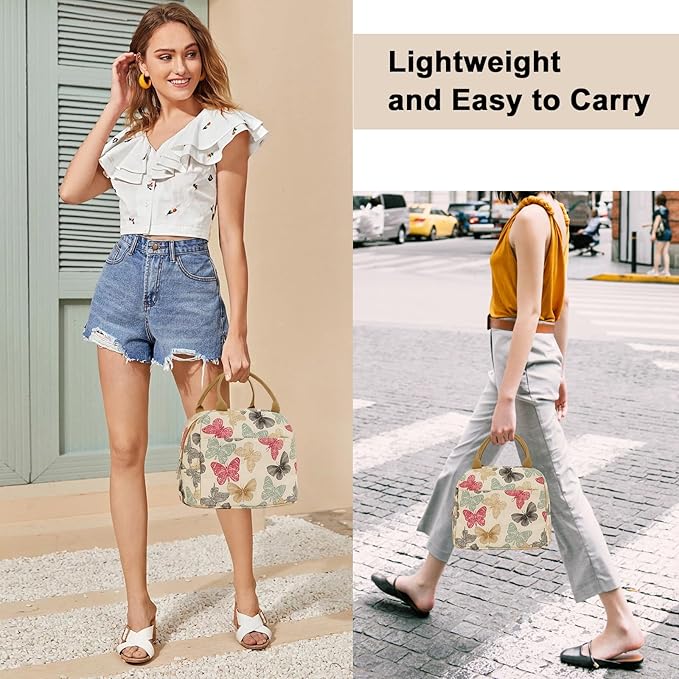 EurCross Beige Butterfly Lunch Bag for Women Work Daily Use Necessaries Storage, Reusable Medium Adult Lunch Tote Sack Bag for Bento Box with Insulated Liner