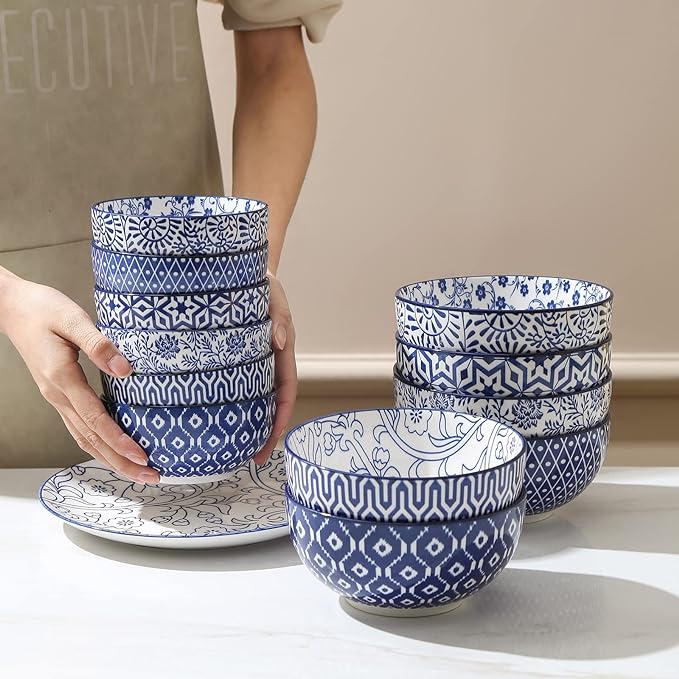 Selamica Ceramic Cereal Bowls Set of 6, 24 Oz Deep Soup Bowls for Kitchen, 5.9 Inch Porcelain Dessert Bowls for Salad, Pasta, Oatmeal, Ramen, Microwave Dishwasher Safe, Set of 6, Vintage Blue