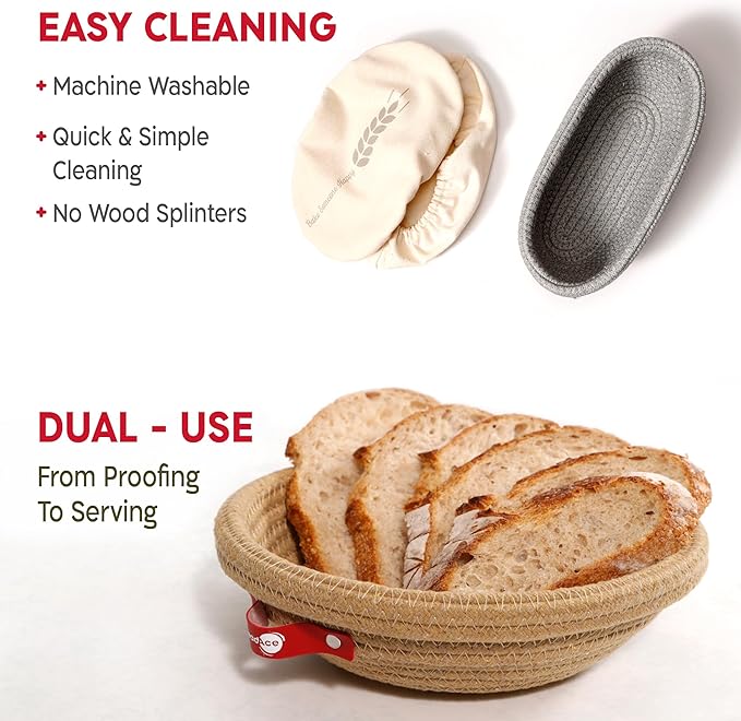 KneadAce Sourdough Starter Kit – 24oz Starter Jar, 2 Cotton Rope Banneton Proofing Baskets, Magnetic Bread Lame for Scoring – Gift for Bakers & Complete Sourdough Bread Baking Set