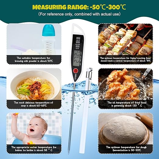 6 Set Waterproof Food Thermometer for Water, Liquid, Candle and Cooking Digital Meat Thermometer with Long Probe Instant Read for Kitchen BBQ Grill Candy (White)