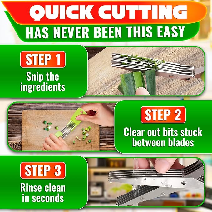 Herb Scissors with 5 Blades and Cover – Stainless Steel Herb Cutter for Fast & Precise Cutting, Compact, Easy-to-Store Design – Ergonomic Handle & Cleaning Brush for Quick and Comfortable Kitchen Prep