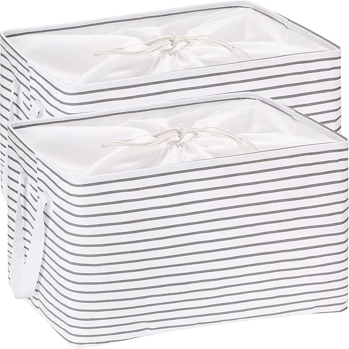 Hinwo 102L XXL Storage Bins, 2-Pack Closet Organizers and Storage, Foldable Clothes Storage Baskets with Handles, Containers for Clothing, Blanket, Comforters, Toys, Bedding (Gray Stripe)