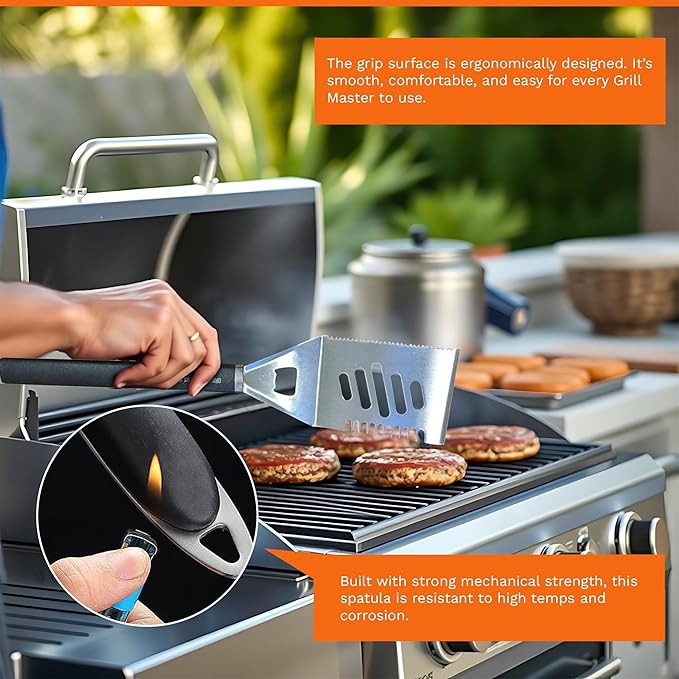 Grill Masters Club 4-in-1 BBQ Spatula | Multifunctional Stainless Steel Grill Spatula with Polypropylene Handle, Serrated Edges, Bottle Opener | Perfect for BBQ grills, kebabs for Camping & Picnics