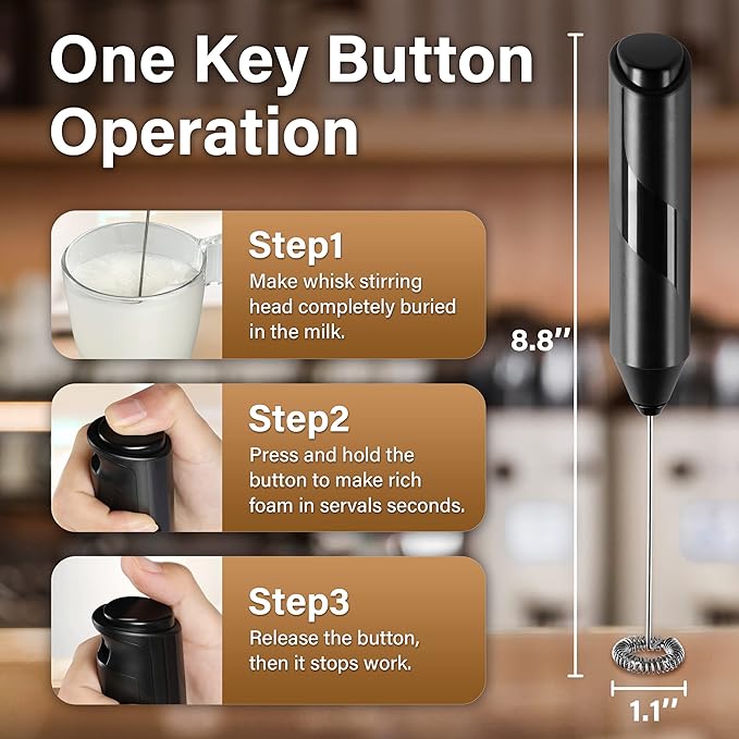 YSSOA Electric Milk Frother Handheld with Stainless Steel Stand Battery Operated Whisk Drink Mixer for Coffee, Frappe, Latte, Matcha, Black (Handheld, Black)