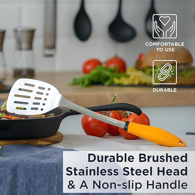 Deiss PRO Kitchen Grill Spatula Stainless Steel Heavy Duty Slotted Turner - 14.4" Metal Spatula for Cooking, Grilling Spatula, Easy Grip Handle, Slotted Design, Easy to Clean